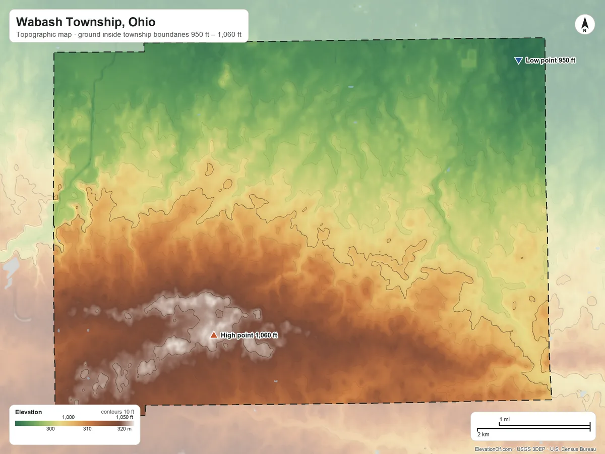 Topographic elevation map of Wabash Township, Ohio, shaded from 950 ft on the northeast side to 1,060 ft on the southwest side