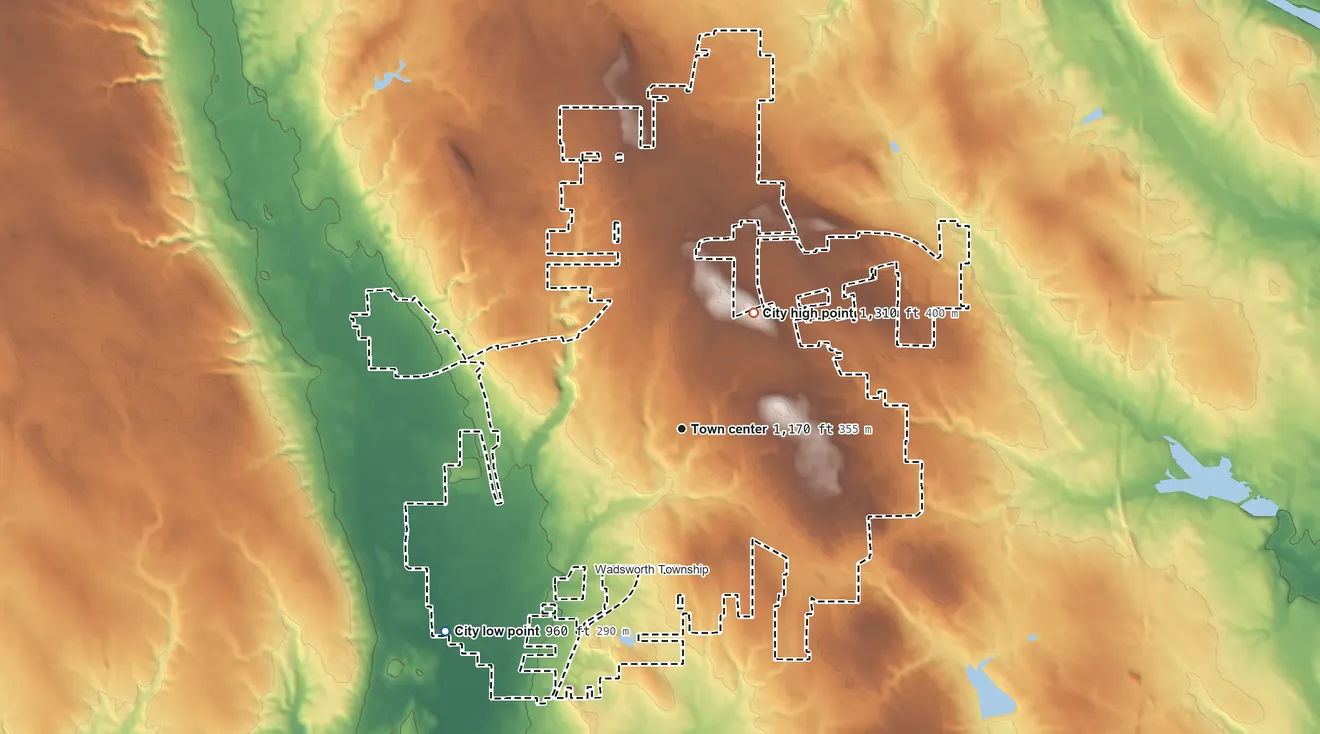 Topographic elevation map of Wadsworth, Ohio, shaded from 960 ft on the southwest side to 1,310 ft on the northeast side