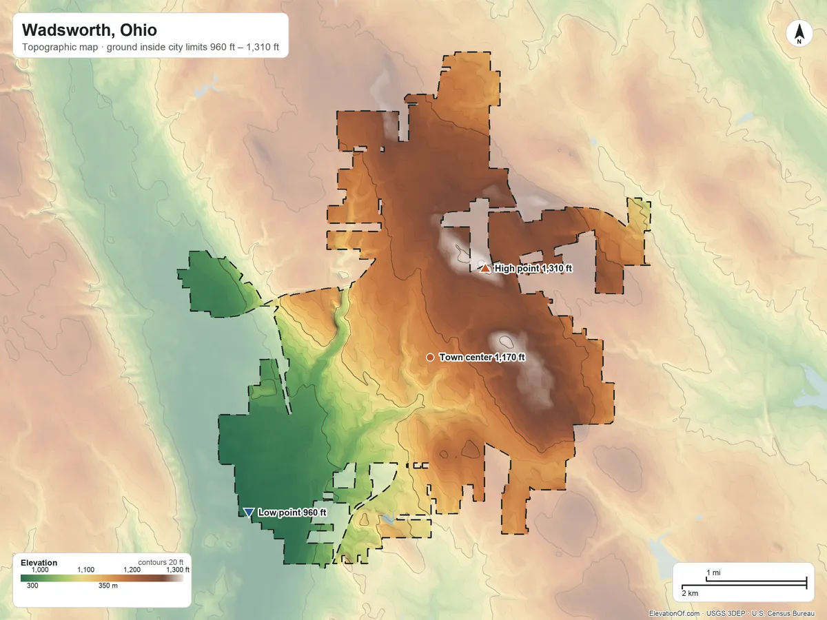 Topographic elevation map of Wadsworth, Ohio, shaded from 960 ft on the southwest side to 1,310 ft on the northeast side