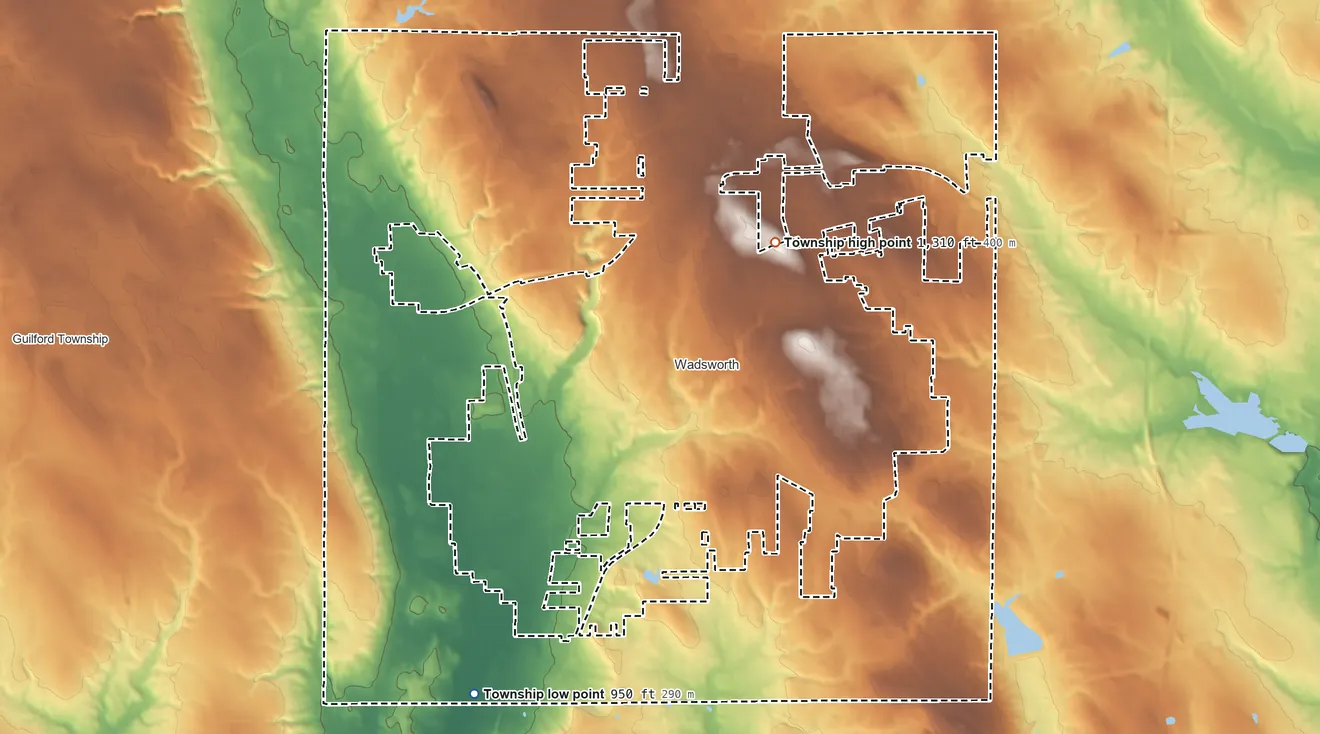 Topographic elevation map of Wadsworth Township, Ohio, shaded from 950 ft on the southwest side to 1,310 ft on the north side