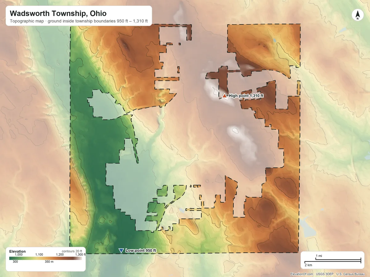 Topographic elevation map of Wadsworth Township, Ohio, shaded from 950 ft on the southwest side to 1,310 ft on the north side