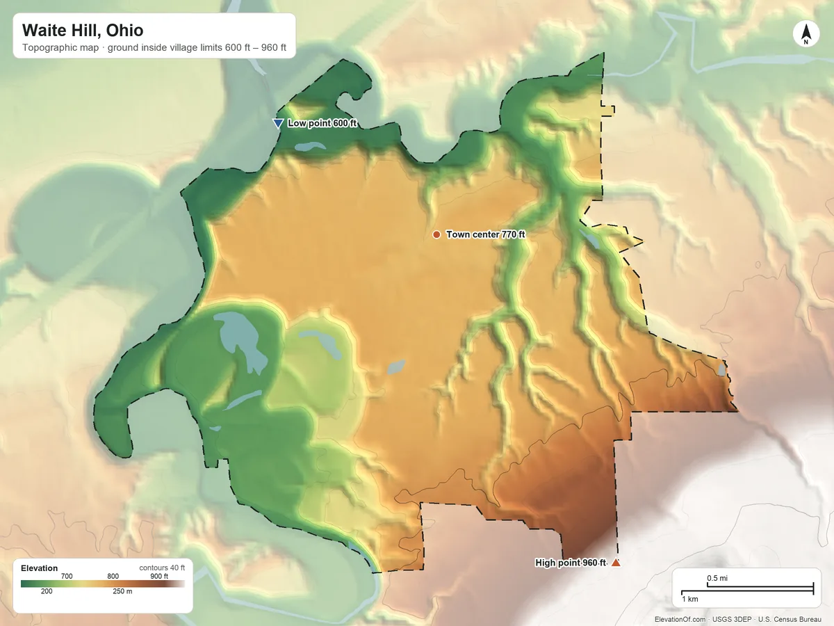 Topographic elevation map of Waite Hill, Ohio, shaded from 600 ft on the northwest side to 960 ft on the southeast side