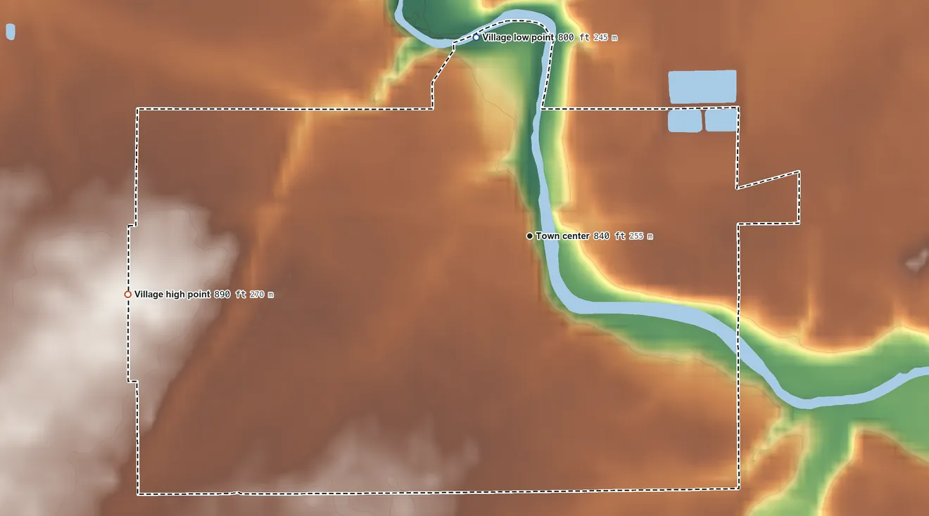 Topographic elevation map of Wakeman, Ohio, shaded from 800 ft on the north side to 890 ft on the west side