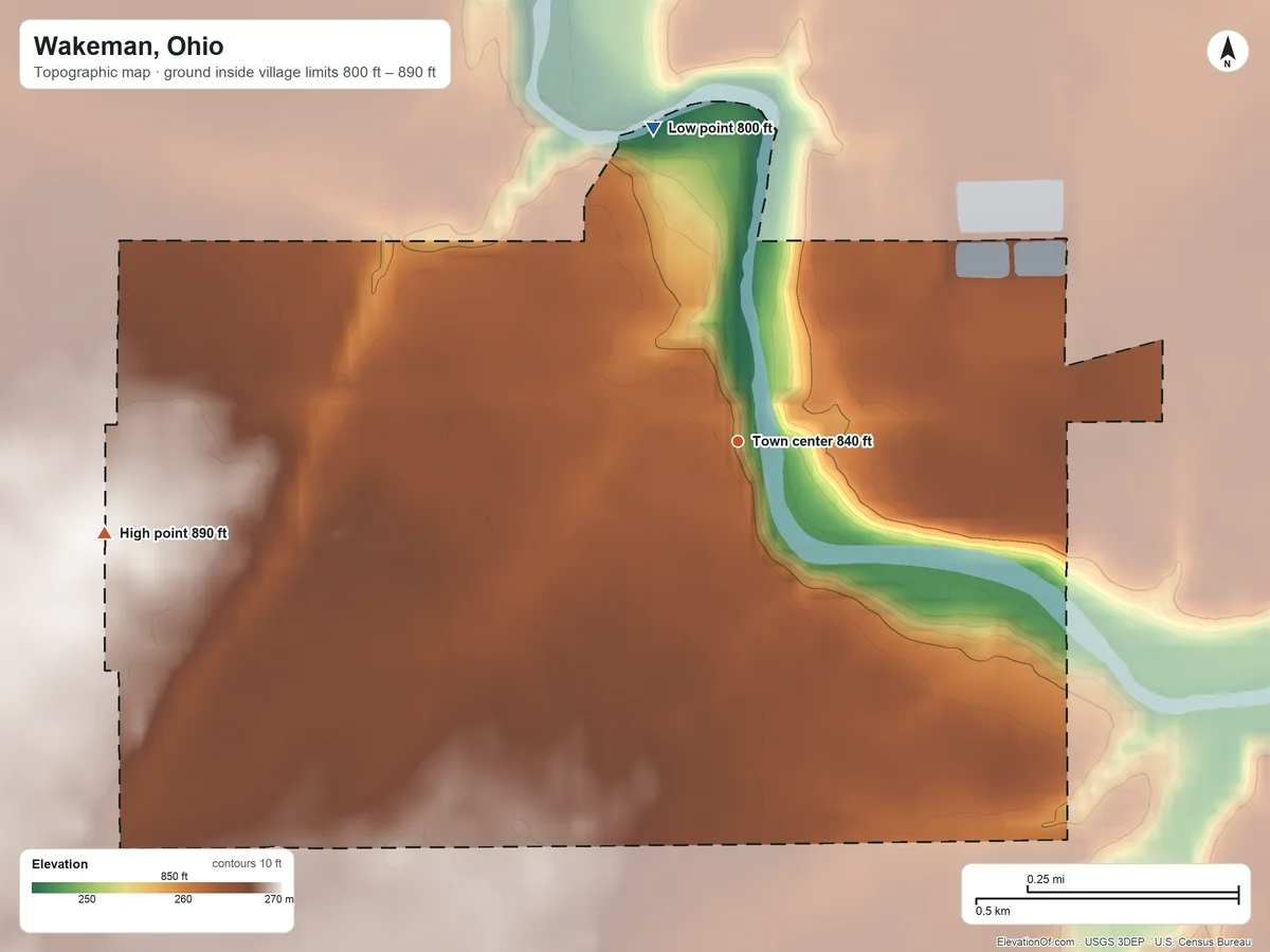 Topographic elevation map of Wakeman, Ohio, shaded from 800 ft on the north side to 890 ft on the west side