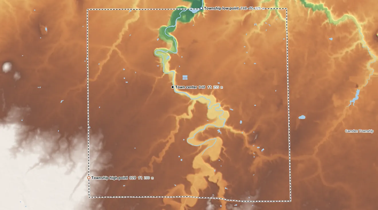 Topographic elevation map of Wakeman Township, Ohio, shaded from 740 ft on the north side to 920 ft on the southwest side