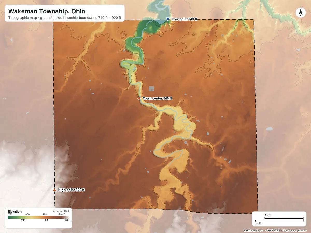 Topographic elevation map of Wakeman Township, Ohio, shaded from 740 ft on the north side to 920 ft on the southwest side