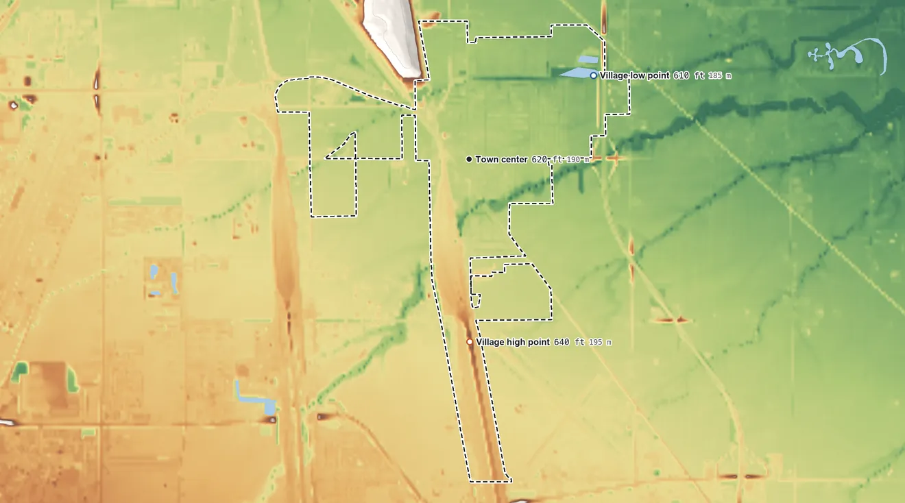 Topographic elevation map of Walbridge, Ohio, shaded from 610 ft on the northeast side to 640 ft on the south side