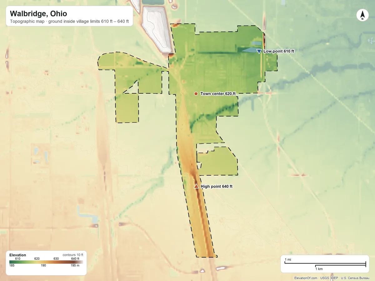 Topographic elevation map of Walbridge, Ohio, shaded from 610 ft on the northeast side to 640 ft on the south side