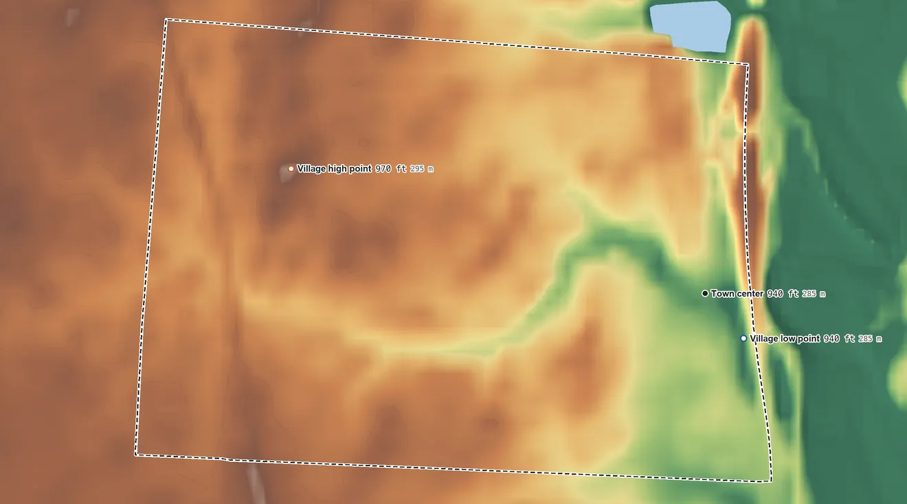 Topographic elevation map of Waldo, Ohio, shaded from 940 ft near the middle to 970 ft on the west side