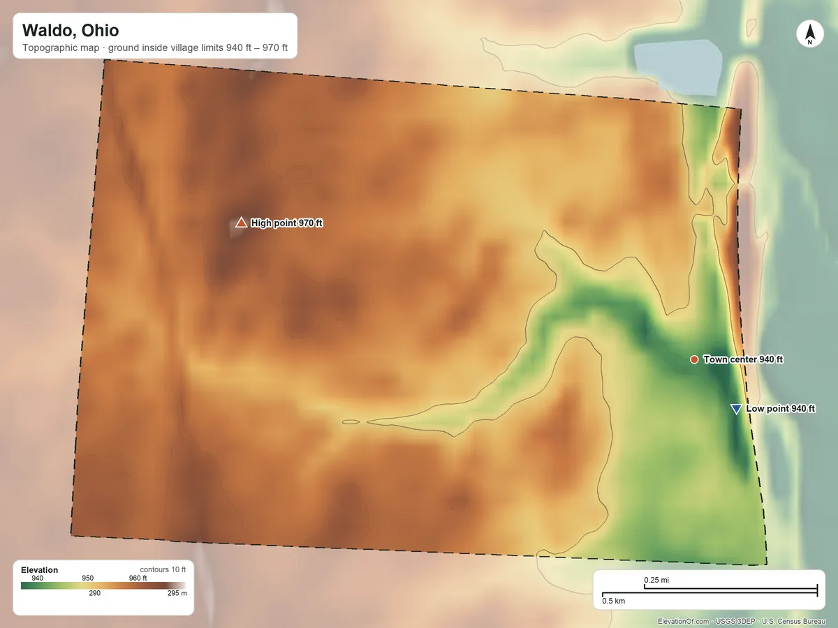 Topographic elevation map of Waldo, Ohio, shaded from 940 ft near the middle to 970 ft on the west side
