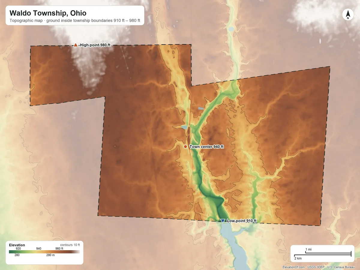Topographic elevation map of Waldo Township, Ohio, shaded from 910 ft on the southeast side to 980 ft on the northwest side