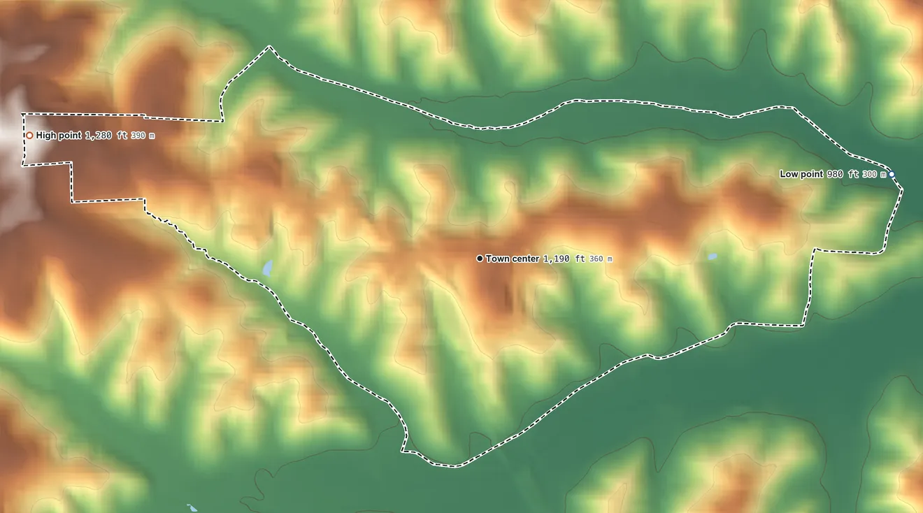 Topographic elevation map of Walnut Creek, Ohio, shaded from 980 ft on the east side to 1,280 ft on the west side