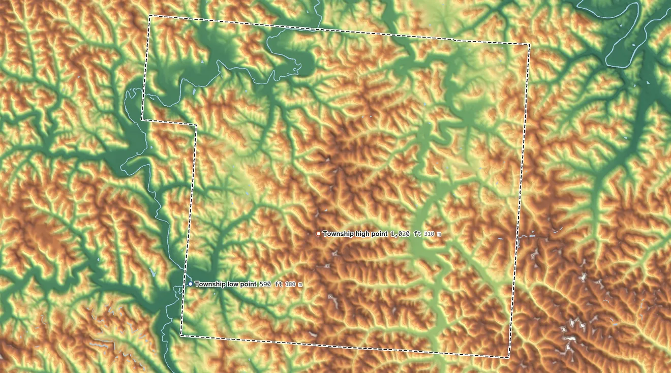 Topographic elevation map of Walnut Township, Gallia County, Ohio, shaded from 590 ft on the southwest side to 1,020 ft on the southwest side
