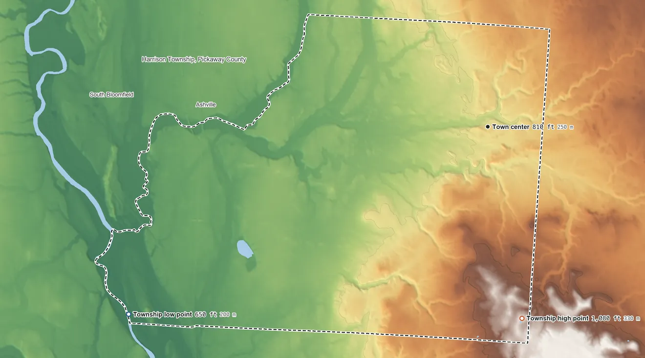 Topographic elevation map of Walnut Township, Pickaway County, Ohio, shaded from 650 ft on the southwest side to 1,080 ft on the south side