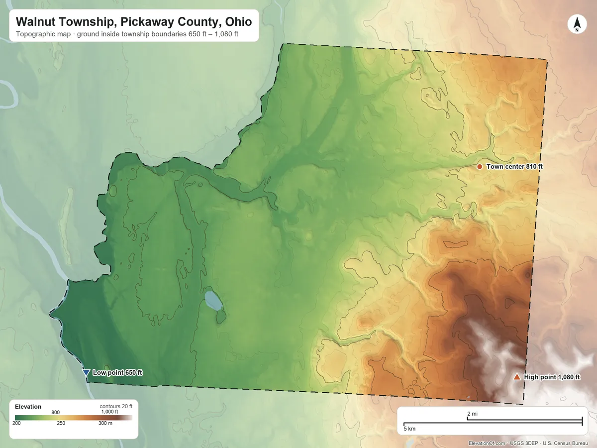 Topographic elevation map of Walnut Township, Pickaway County, Ohio, shaded from 650 ft on the southwest side to 1,080 ft on the south side