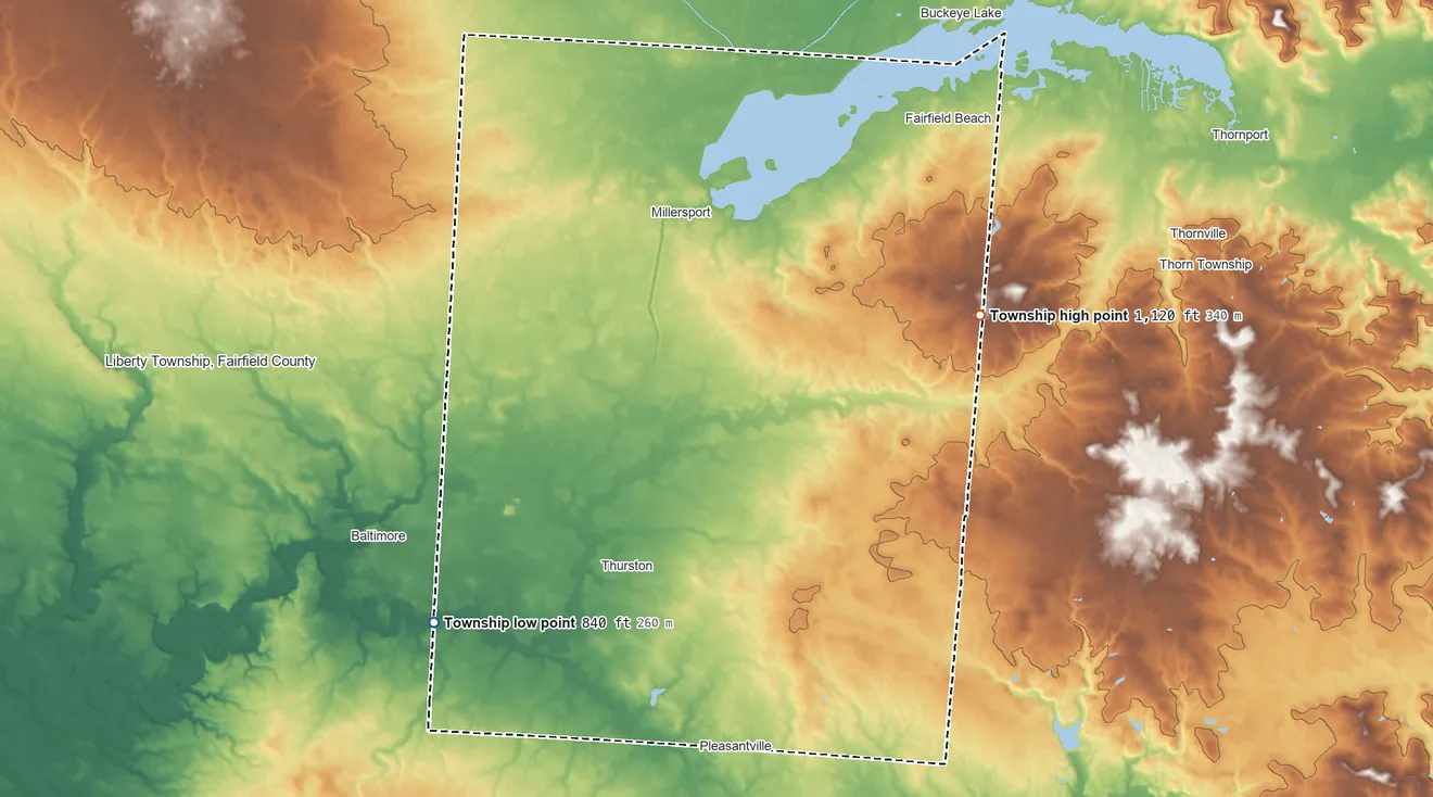 Topographic elevation map of Walnut Township, Ohio, shaded from 840 ft on the southwest side to 1,120 ft on the east side