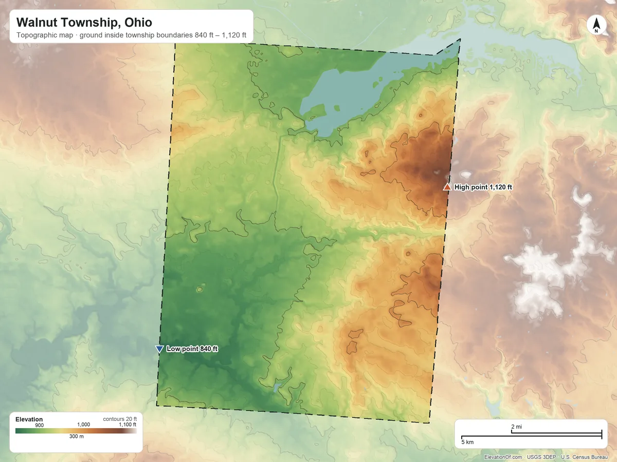 Topographic elevation map of Walnut Township, Ohio, shaded from 840 ft on the southwest side to 1,120 ft on the east side