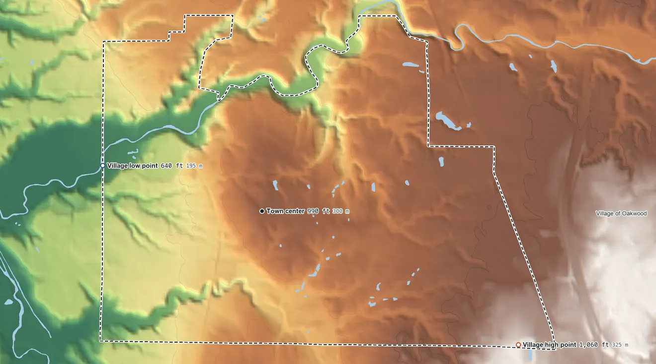 Topographic elevation map of Walton Hills, Ohio, shaded from 640 ft on the west side to 1,060 ft on the southeast side