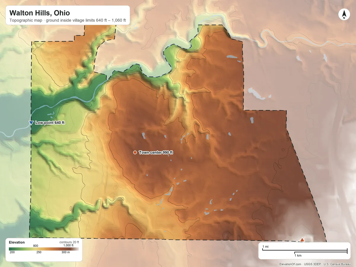Topographic elevation map of Walton Hills, Ohio, shaded from 640 ft on the west side to 1,060 ft on the southeast side