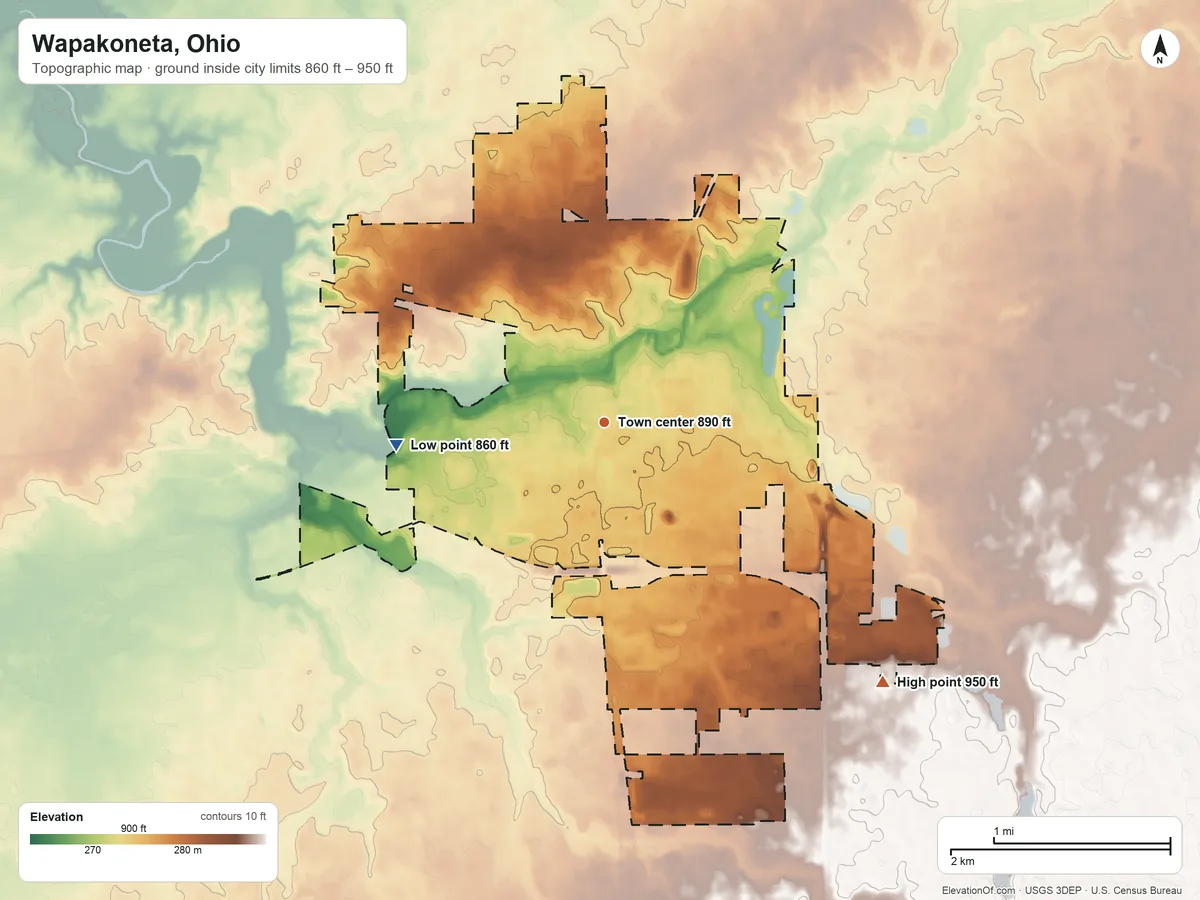 Topographic elevation map of Wapakoneta, Ohio, shaded from 860 ft on the west side to 950 ft on the southeast side