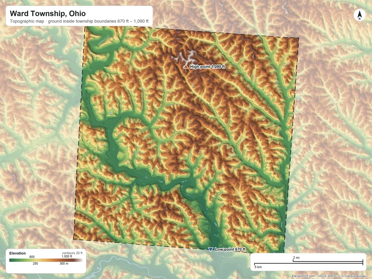 Topographic elevation map of Ward Township, Ohio, shaded from 670 ft on the south side to 1,090 ft on the north side