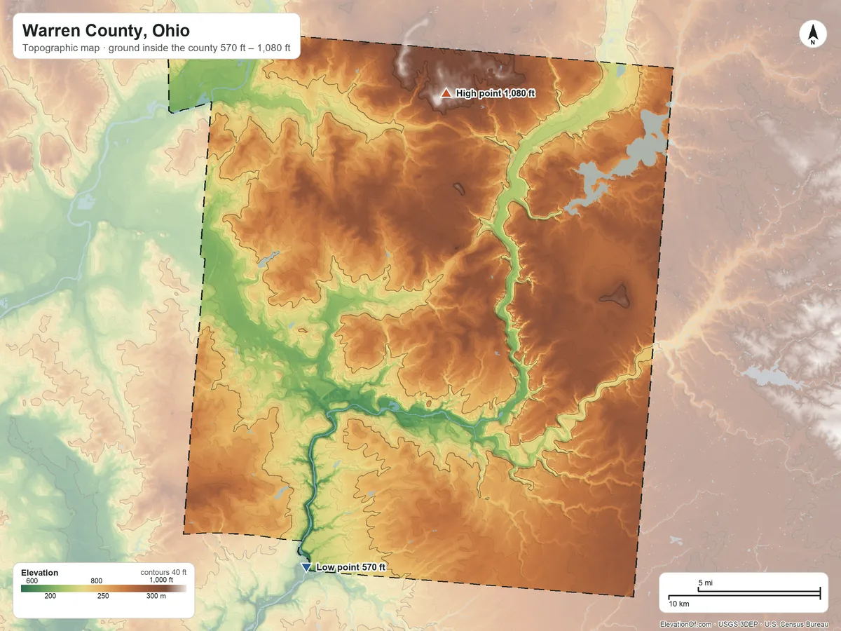 Topographic elevation map of Warren County, Ohio, shaded from 570 ft on the southwest side to 1,080 ft on the north side
