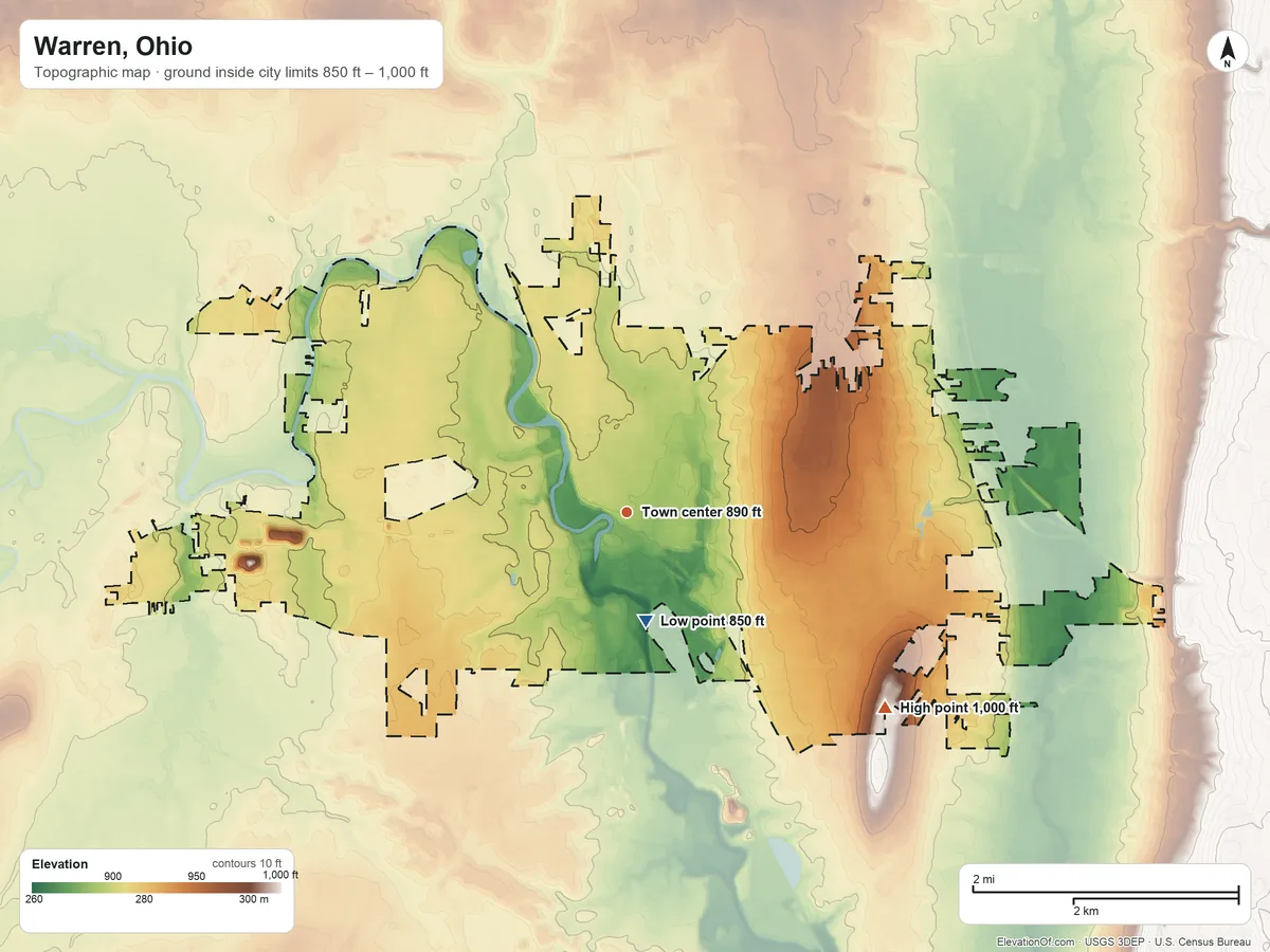 Topographic elevation map of Warren, Ohio, shaded from 850 ft near the middle to 1,000 ft on the southeast side