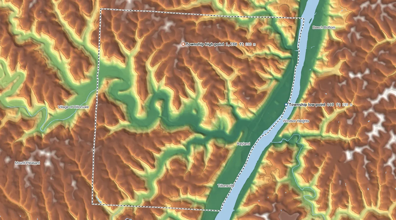 Topographic elevation map of Warren Township, Jefferson County, Ohio, shaded from 640 ft on the east side to 1,280 ft on the north side
