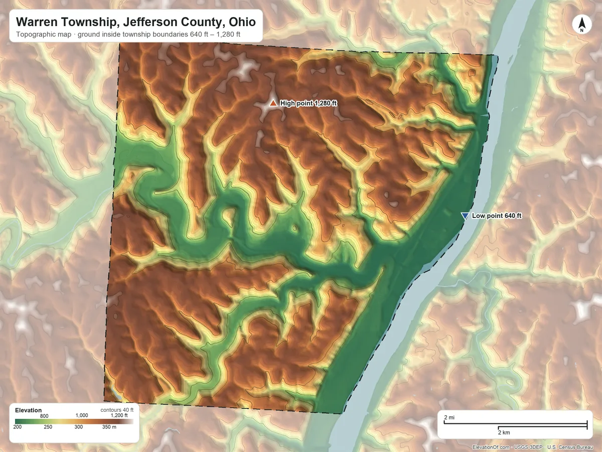 Topographic elevation map of Warren Township, Jefferson County, Ohio, shaded from 640 ft on the east side to 1,280 ft on the north side