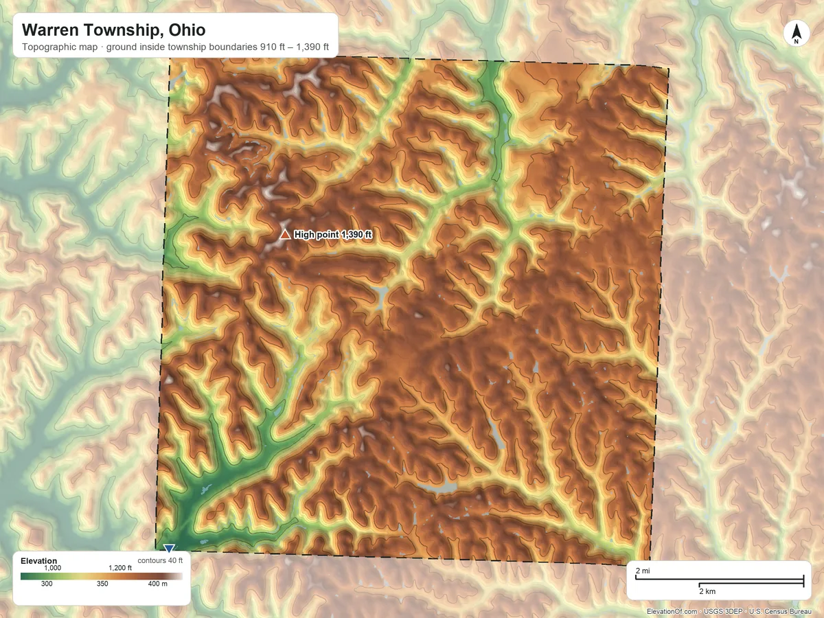 Topographic elevation map of Warren Township, Ohio, shaded from 910 ft on the southwest side to 1,390 ft on the northwest side