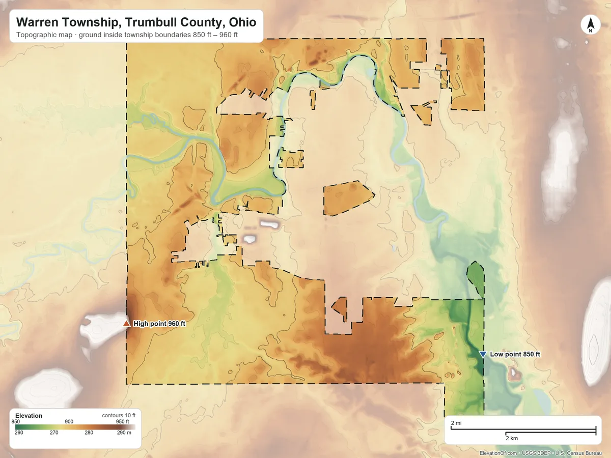 Topographic elevation map of Warren Township, Trumbull County, Ohio, shaded from 850 ft on the southeast side to 960 ft on the southwest side