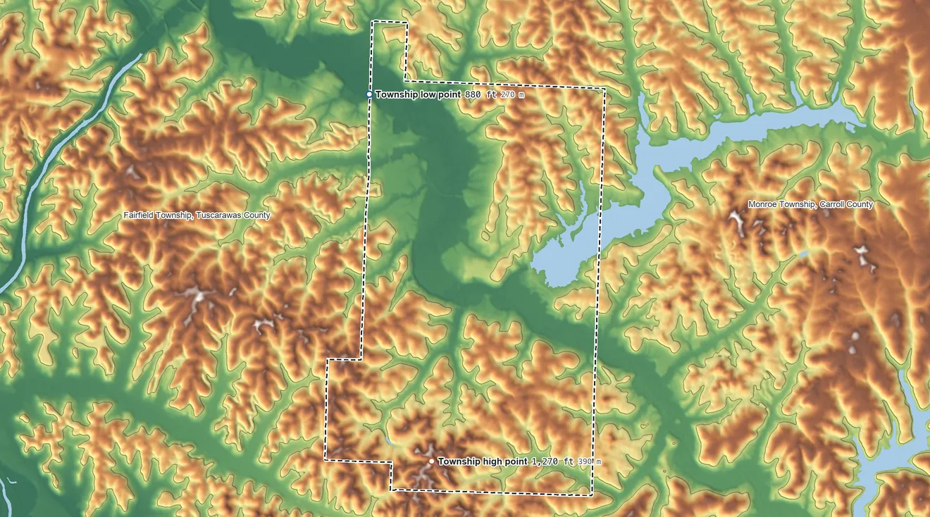 Topographic elevation map of Warren Township, Tuscarawas County, Ohio, shaded from 880 ft on the northwest side to 1,270 ft on the south side