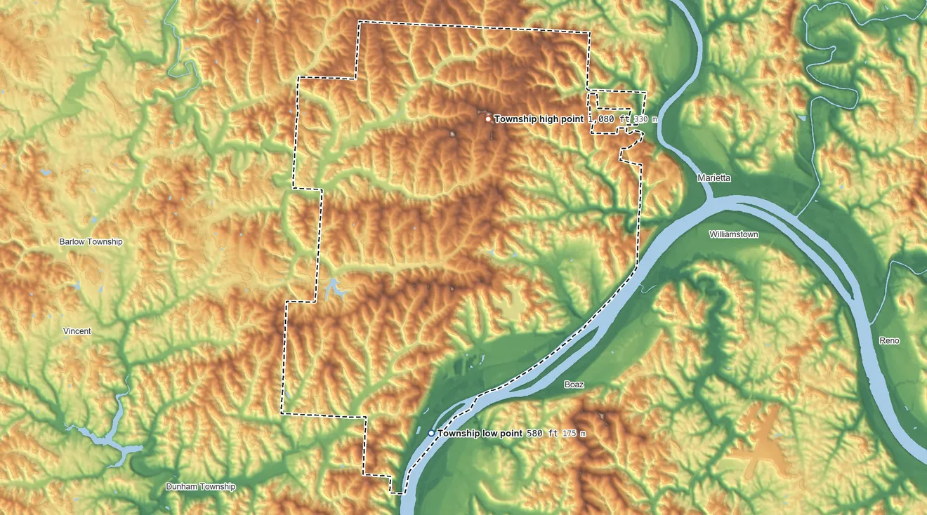 Topographic elevation map of Warren Township, Washington County, Ohio, shaded from 580 ft on the south side to 1,080 ft on the north side