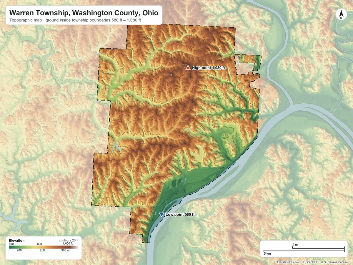 Topographic elevation map of Warren Township, Washington County, Ohio, shaded from 580 ft on the south side to 1,080 ft on the north side