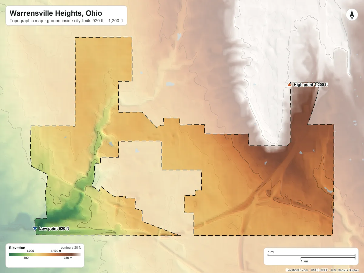Topographic elevation map of Warrensville Heights, Ohio, shaded from 920 ft on the southwest side to 1,200 ft on the northeast side