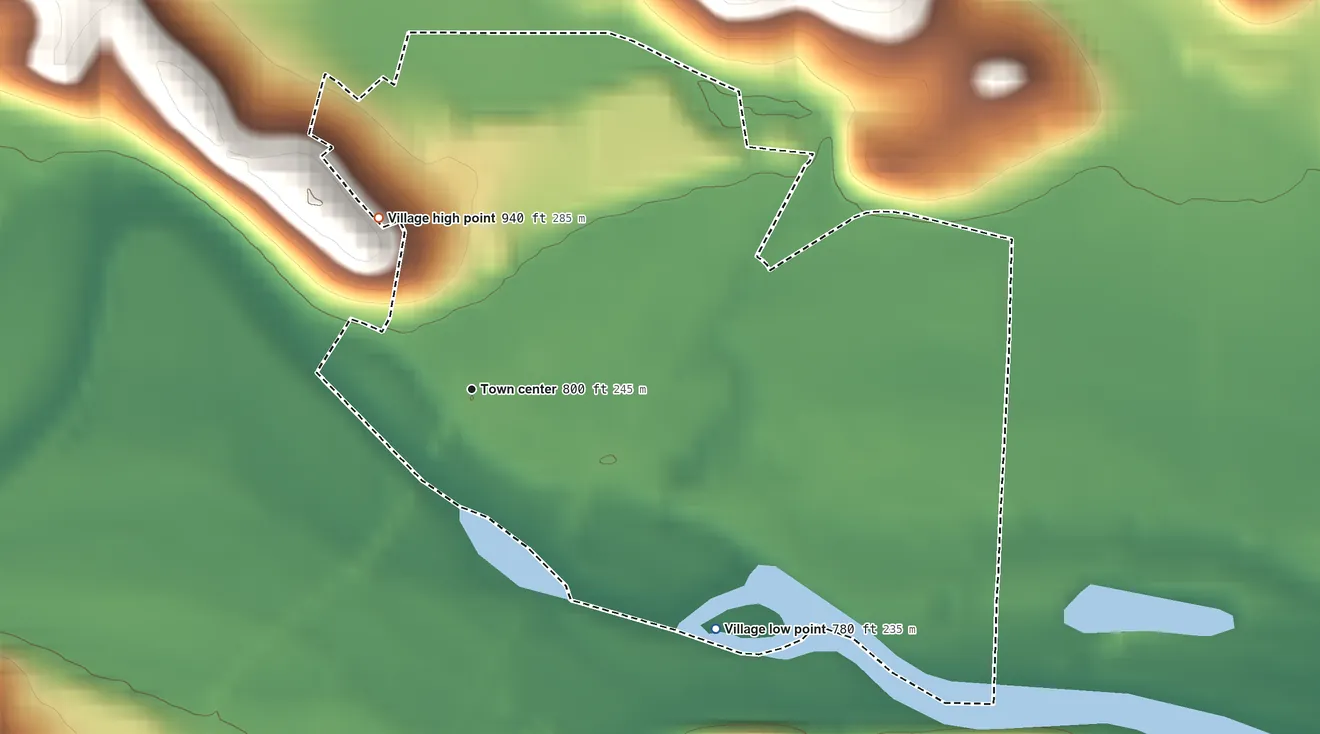 Topographic elevation map of Warsaw, Ohio, shaded from 780 ft on the southeast side to 940 ft on the northwest side