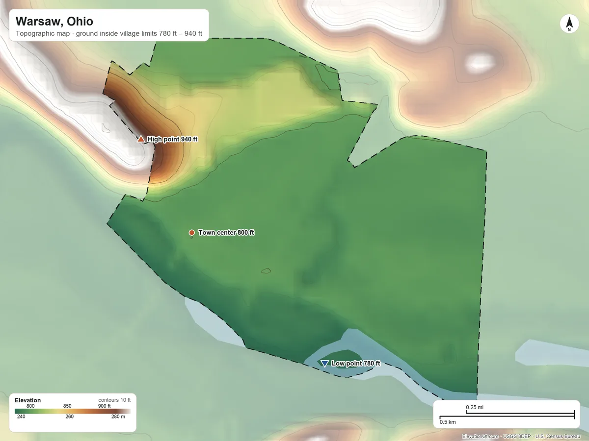Topographic elevation map of Warsaw, Ohio, shaded from 780 ft on the southeast side to 940 ft on the northwest side
