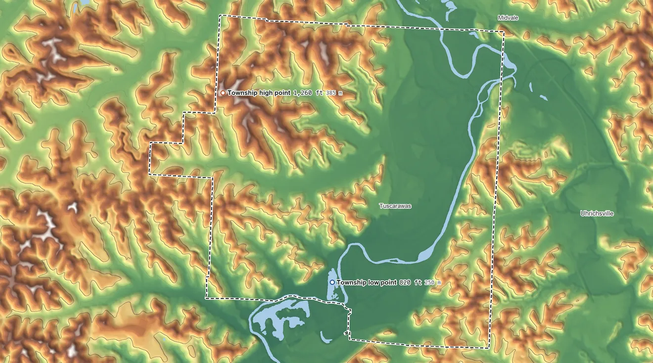 Topographic elevation map of Warwick Township, Ohio, shaded from 820 ft on the southwest side to 1,260 ft on the northwest side