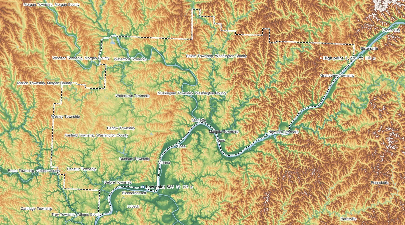 Topographic elevation map of Washington County, Ohio, shaded from 580 ft on the southwest side to 1,220 ft on the northeast side