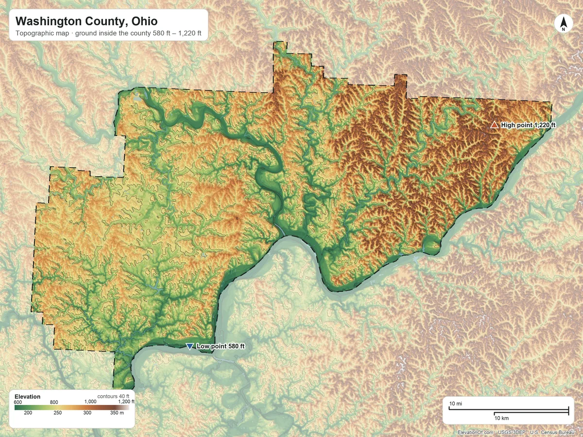 Topographic elevation map of Washington County, Ohio, shaded from 580 ft on the southwest side to 1,220 ft on the northeast side