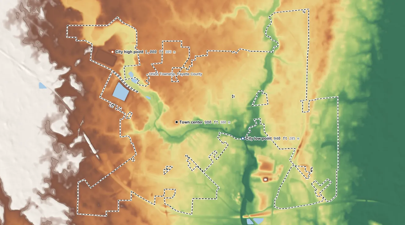 Topographic elevation map of Washington Court House, Ohio, shaded from 940 ft on the east side to 1,000 ft on the northwest side