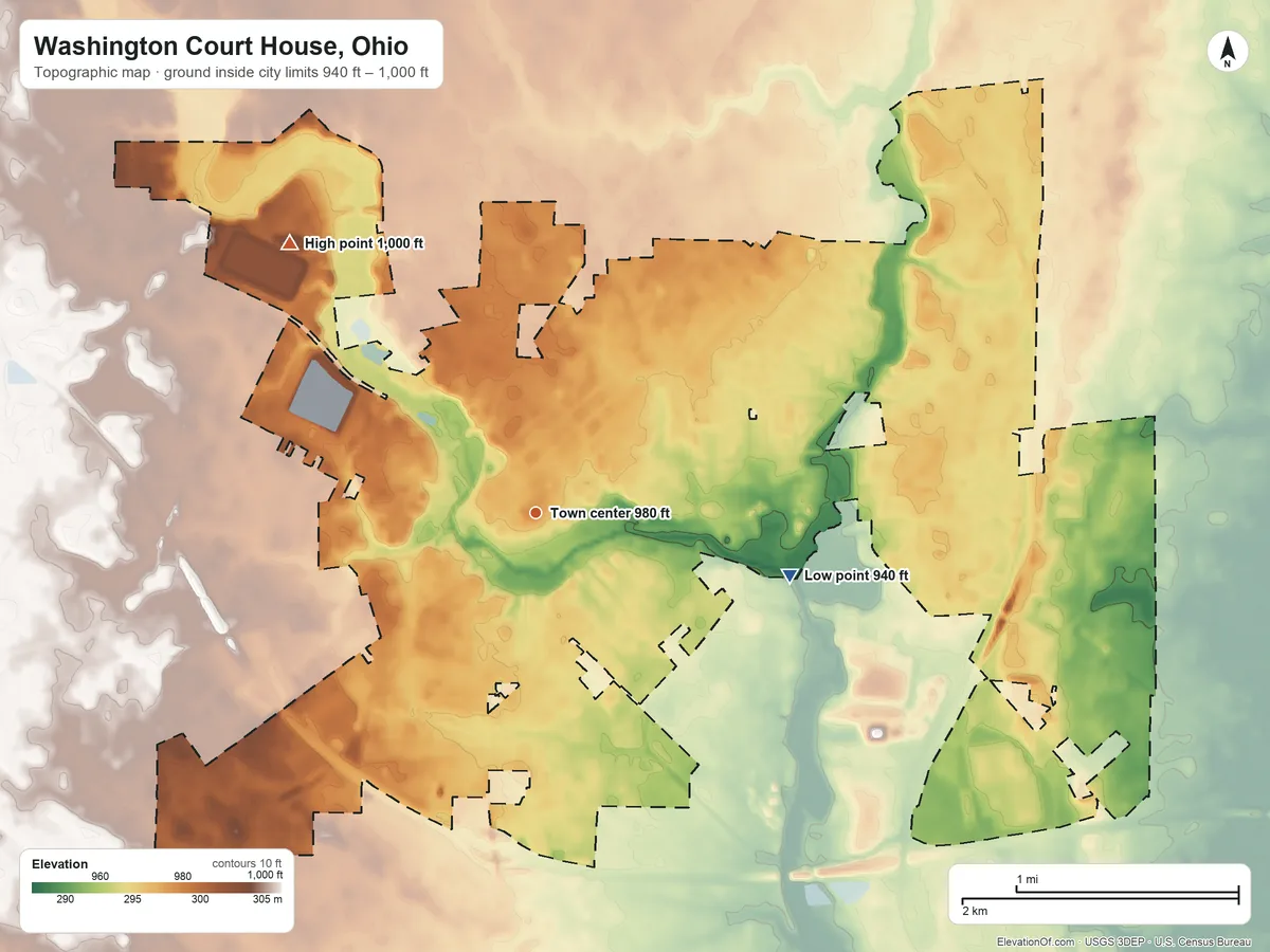 Topographic elevation map of Washington Court House, Ohio, shaded from 940 ft on the east side to 1,000 ft on the northwest side