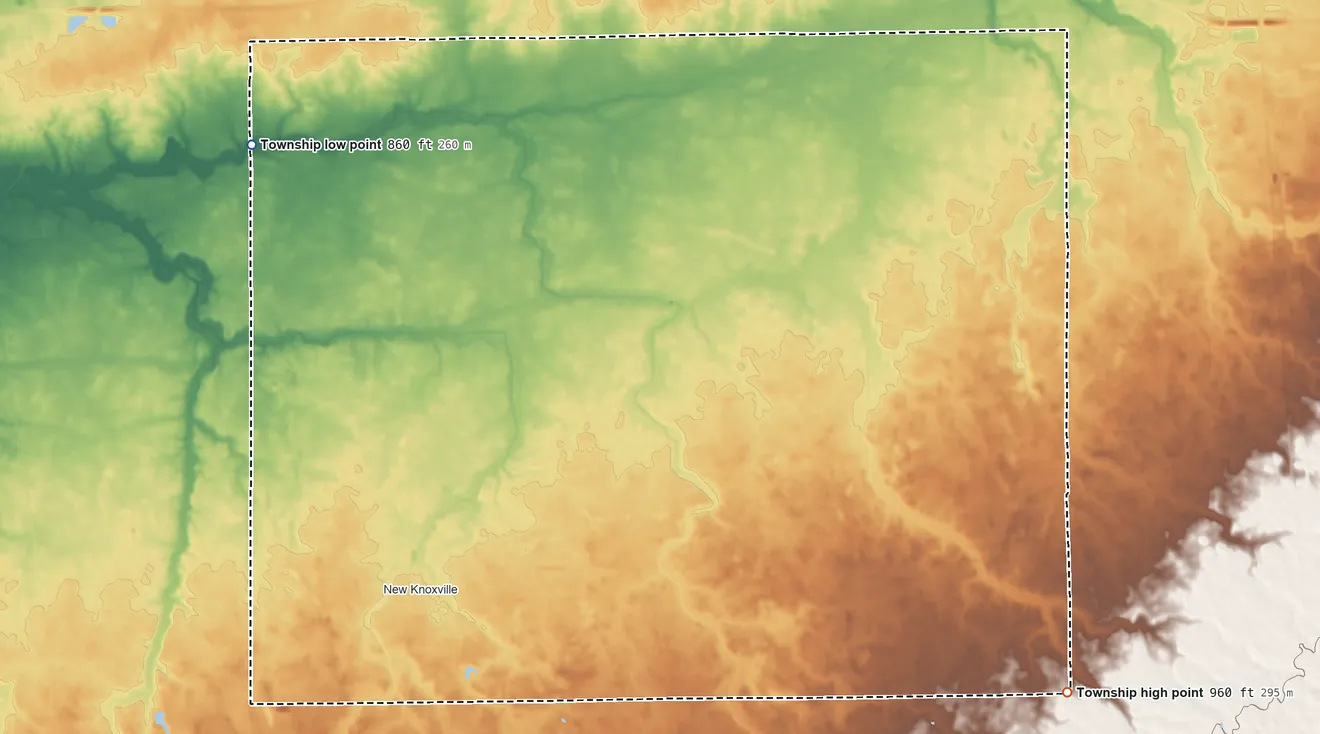 Topographic elevation map of Washington Township, Auglaize County, Ohio, shaded from 860 ft on the northwest side to 960 ft on the east side