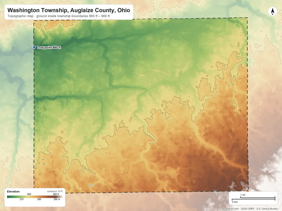 Topographic elevation map of Washington Township, Auglaize County, Ohio, shaded from 860 ft on the northwest side to 960 ft on the east side