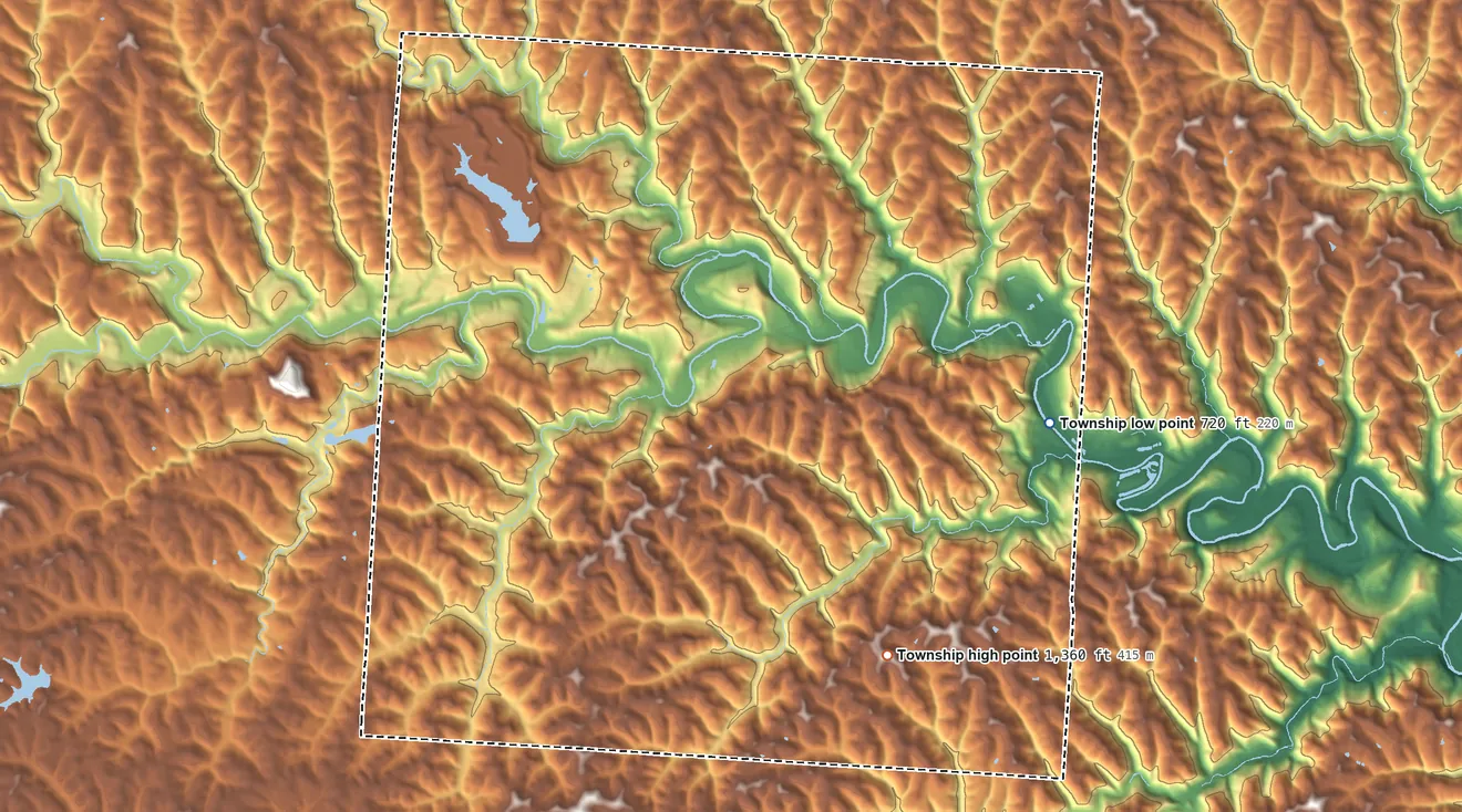 Topographic elevation map of Washington Township, Belmont County, Ohio, shaded from 720 ft on the east side to 1,360 ft on the southeast side