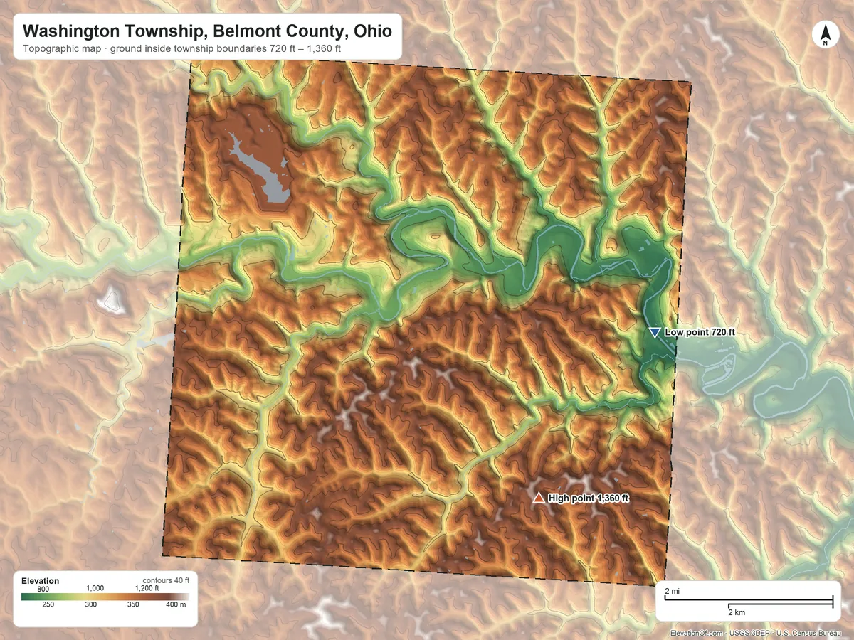 Topographic elevation map of Washington Township, Belmont County, Ohio, shaded from 720 ft on the east side to 1,360 ft on the southeast side