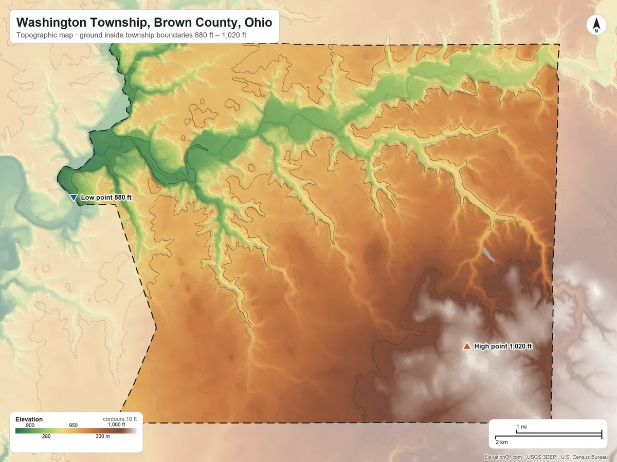 Topographic elevation map of Washington Township, Brown County, Ohio, shaded from 880 ft on the west side to 1,020 ft on the south side