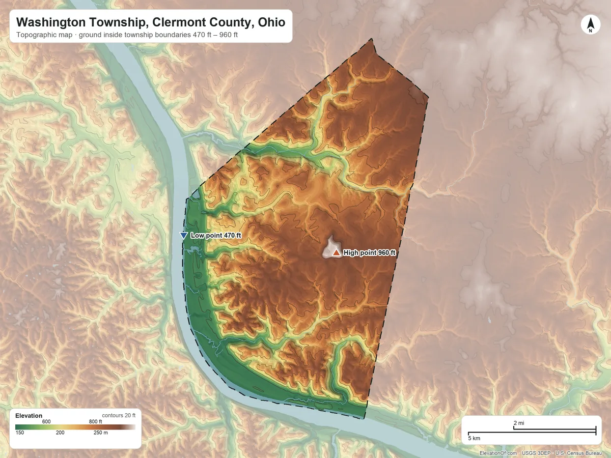 Topographic elevation map of Washington Township, Clermont County, Ohio, shaded from 470 ft on the west side to 960 ft near the middle