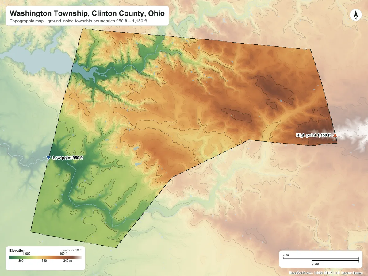 Topographic elevation map of Washington Township, Clinton County, Ohio, shaded from 950 ft on the southwest side to 1,150 ft on the east side