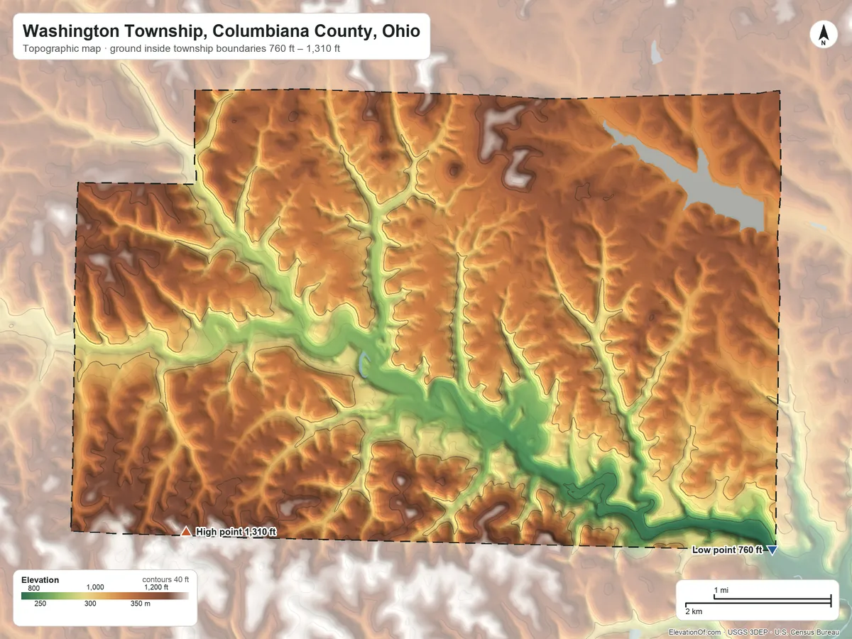 Topographic elevation map of Washington Township, Columbiana County, Ohio, shaded from 760 ft on the southeast side to 1,310 ft on the southwest side